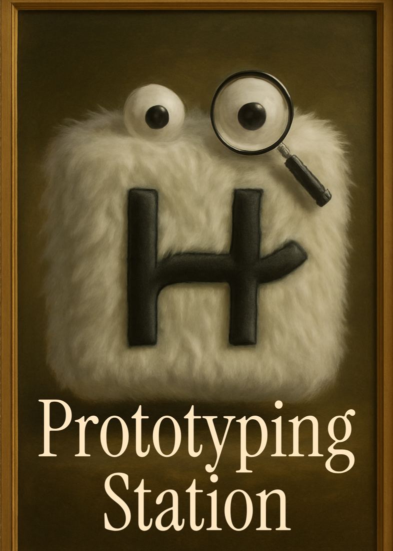 A framed museum poster of the fuzzy Hinge mascot with a magnifying glass reading Prototyping Station